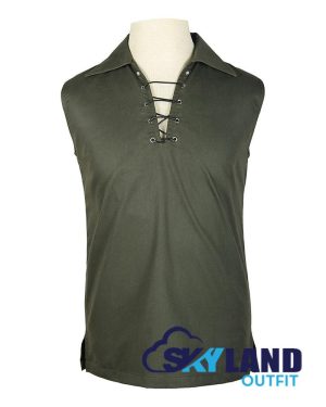 Jacobite Ghillie Kilt Shirt Olive Green Cotton Jacobean Sleeveless Shirt